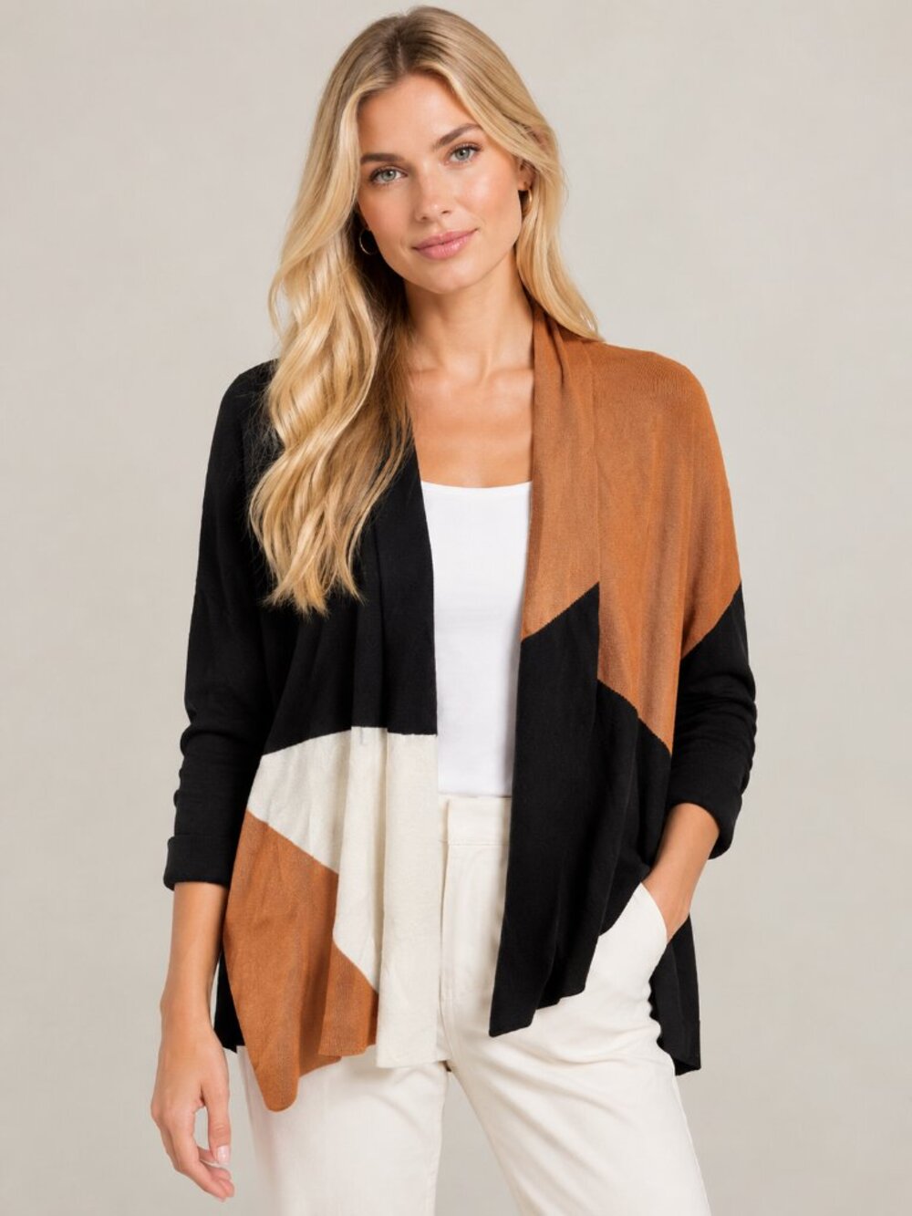 2/$30 Chico's Colorblock Open-Front Cardigan Black Camel Cream 8 #A6177